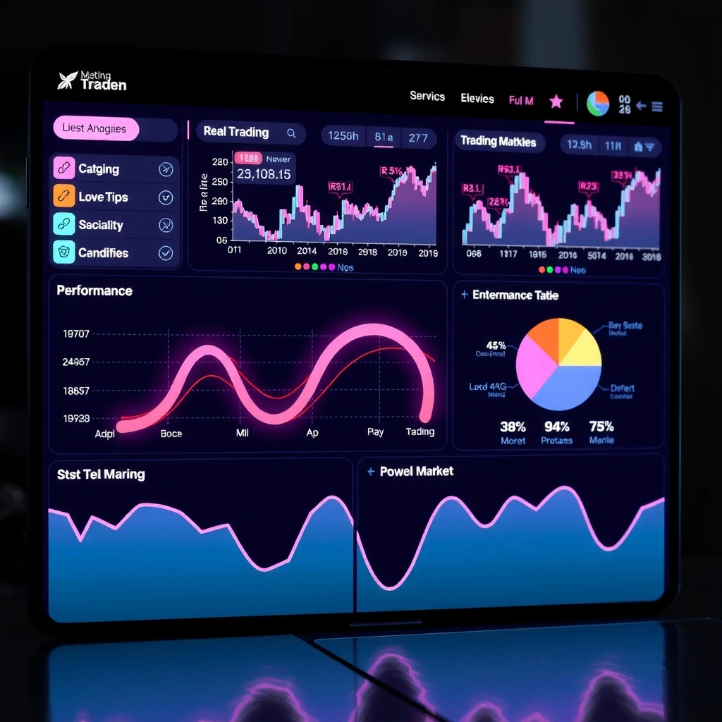 Dashboard financiero moderno con gráficos interactivos, indicadores de mercado en tiempo real, panel de control con métricas de rendimiento y elementos UI gamificados