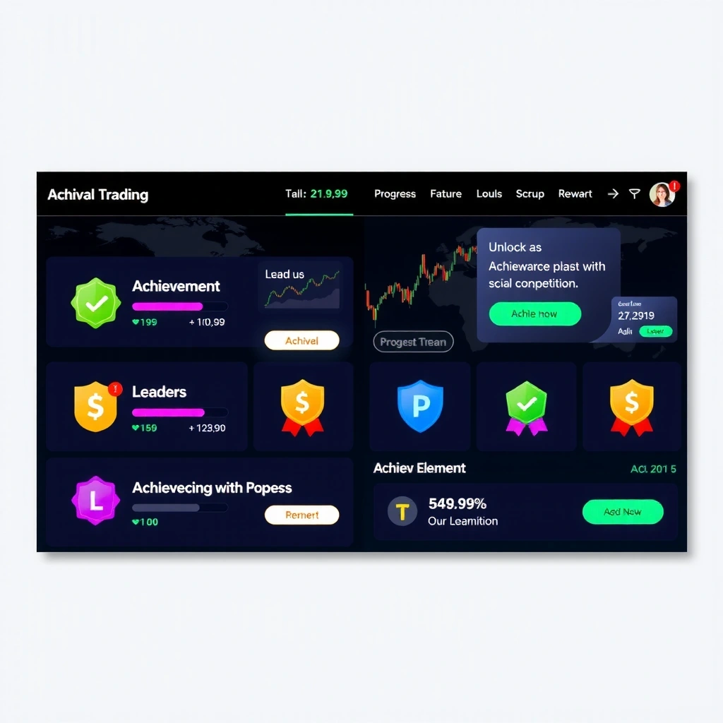 Interface de gamificación con elementos UI gamificados, iconos de logros, barras de progreso, sistema de niveles y badges visuales para usuarios de trading
